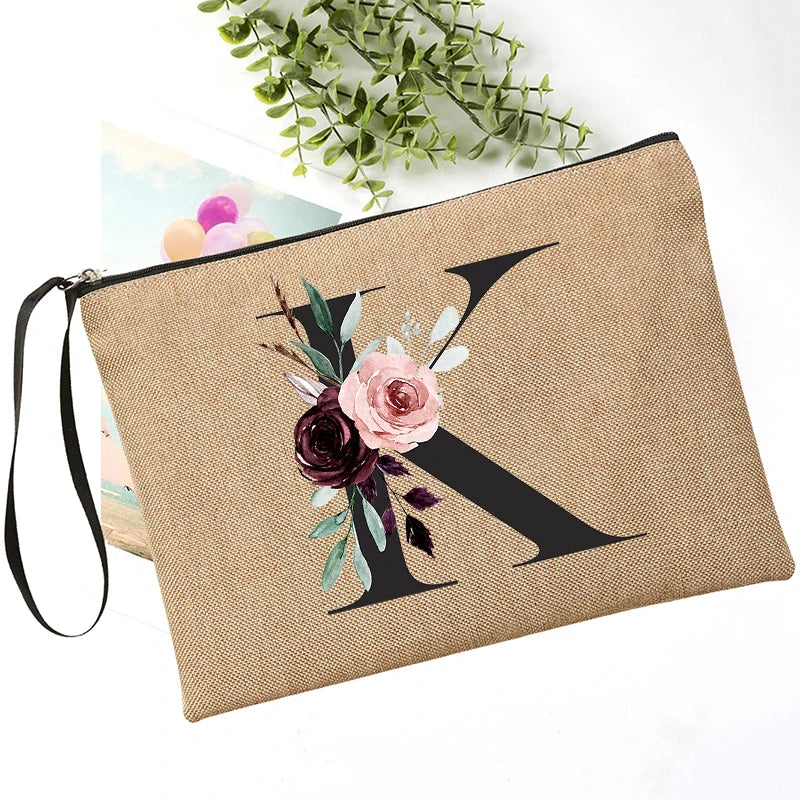Letter Font Clutch Custom Name Letter Flower Combination Linen Lipstick Bag Travel Organizer Case Simple Wristlet Clutch Bag