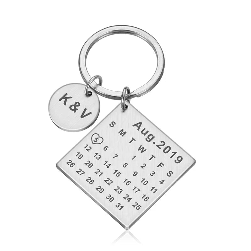 Personalized Stainless Steel Engraved Calendar Date Keychain Custom Keyring Gift For Wedding Anniversary Gift