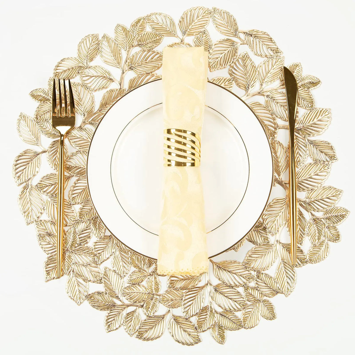 15inch Placemats Set of 6 Gold Leaf Round Placemats Non-Slip Wipeable Table Mats for Dinner,Party,Wedding Accent Centerpiece