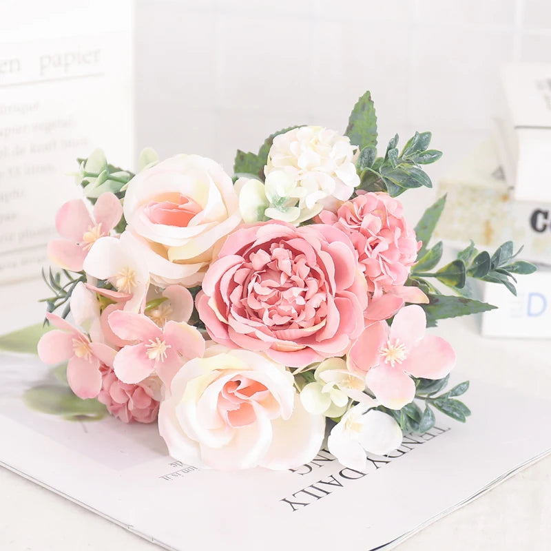 7 Heads Silk Peony Artificial Flower Hydrangea For Room Home Decoration Wedding Bride Bouquet Rose False Table Plant Accessories