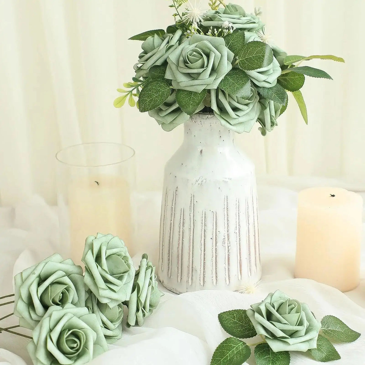 Artificial Flowers 25pcs Real Looking Elf Green Foam Fake Roses with Stems for DIY Wedding Bouquets Bridal Shower Centerpieces S