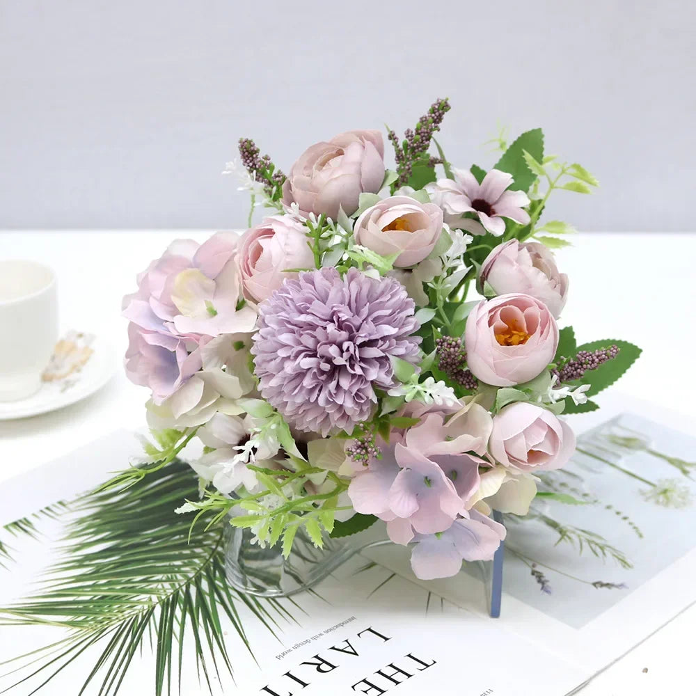 7 Heads Hydrangea Flowers Artificial Bouquet Silk Blooming Fake Peony Bridal Hand Flower Roses Wedding Centerpieces Decor