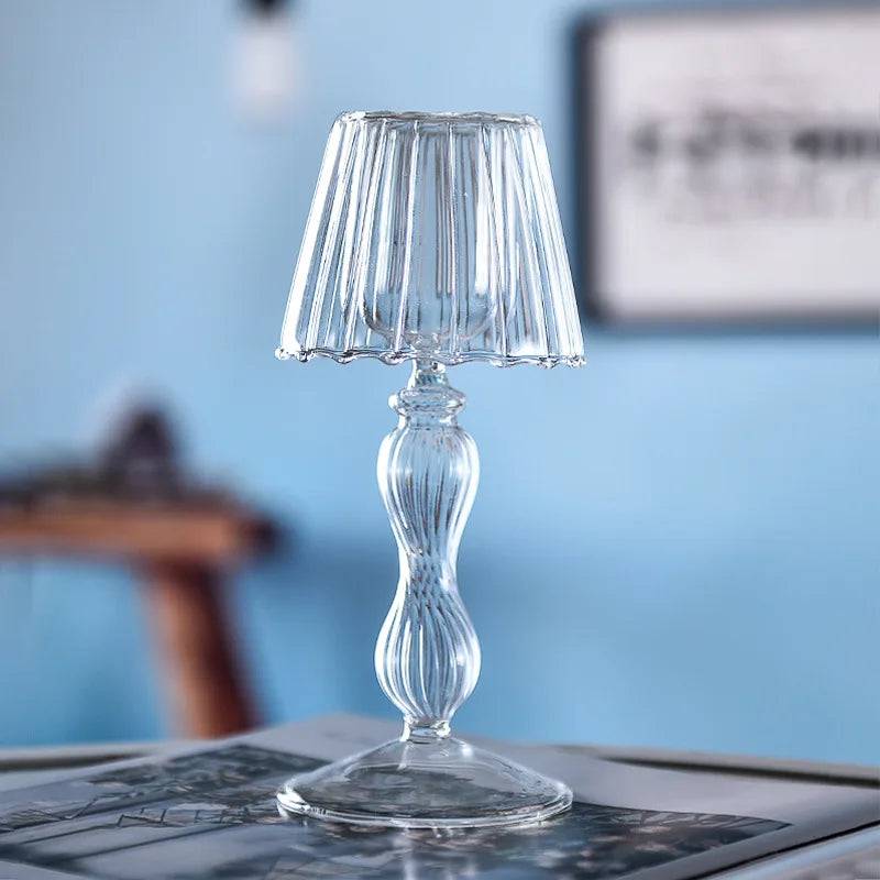 European Style Glass Desk Lamp Shaped Candle Holder High Legged Striped Candle Holder Wedding Home Creative Decoration