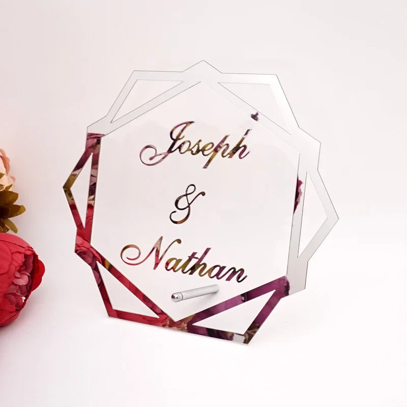 Hexagon Acrylic Table Standing Custom Wedding Name Personalized Mirror Frame Acrylic Word Sign Party Decor With Standing Nail