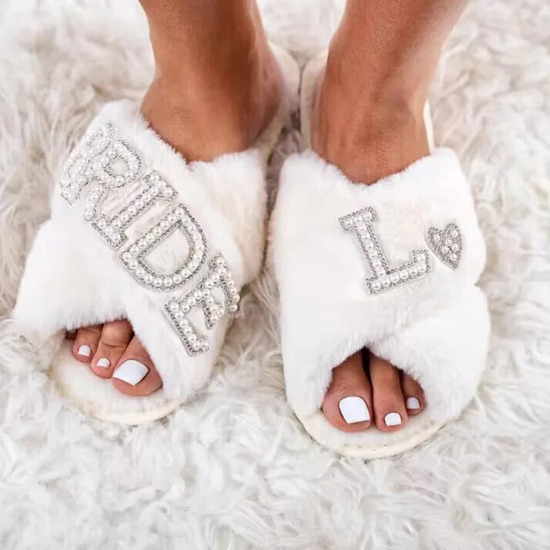 Custom Personalized bride Fluffy Pearls letter Slippers Bridal Shower Wedding day Bachelorette hen night Party decoration Gift