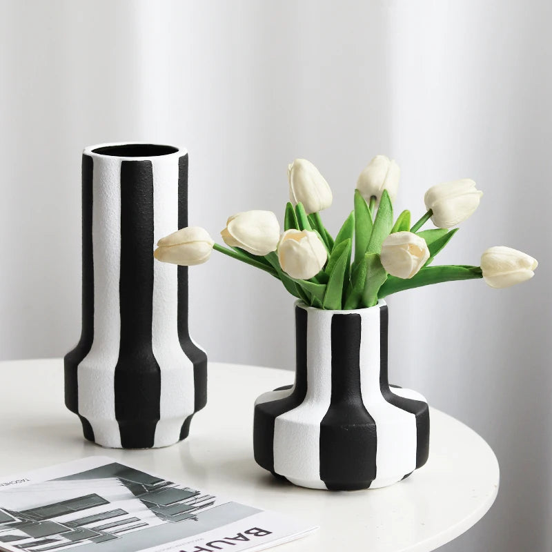 Epeiushome Black And White Striped Ceramic Vase Decorations Coffee Table Dining Table Ornaments Modern Nordic Ins Flower Insert
