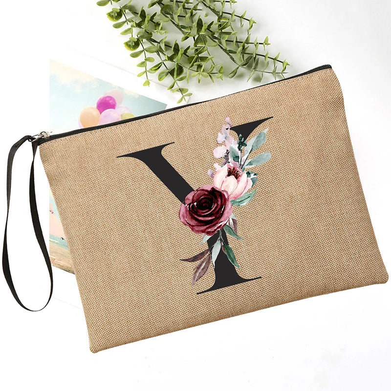 Letter Font Clutch Custom Name Letter Flower Combination Linen Lipstick Bag Travel Organizer Case Simple Wristlet Clutch Bag