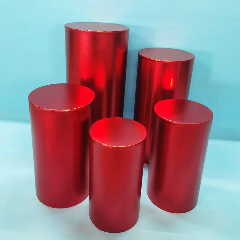 Metallic Gold and Silver Pink Red BLue White Shiny Fabric Stretch Cloth Elastic Pedestal Cylinder Table Covers Party Decoration