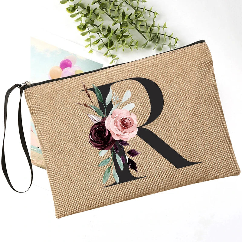 Letter Font Clutch Custom Name Letter Flower Combination Linen Lipstick Bag Travel Organizer Case Simple Wristlet Clutch Bag