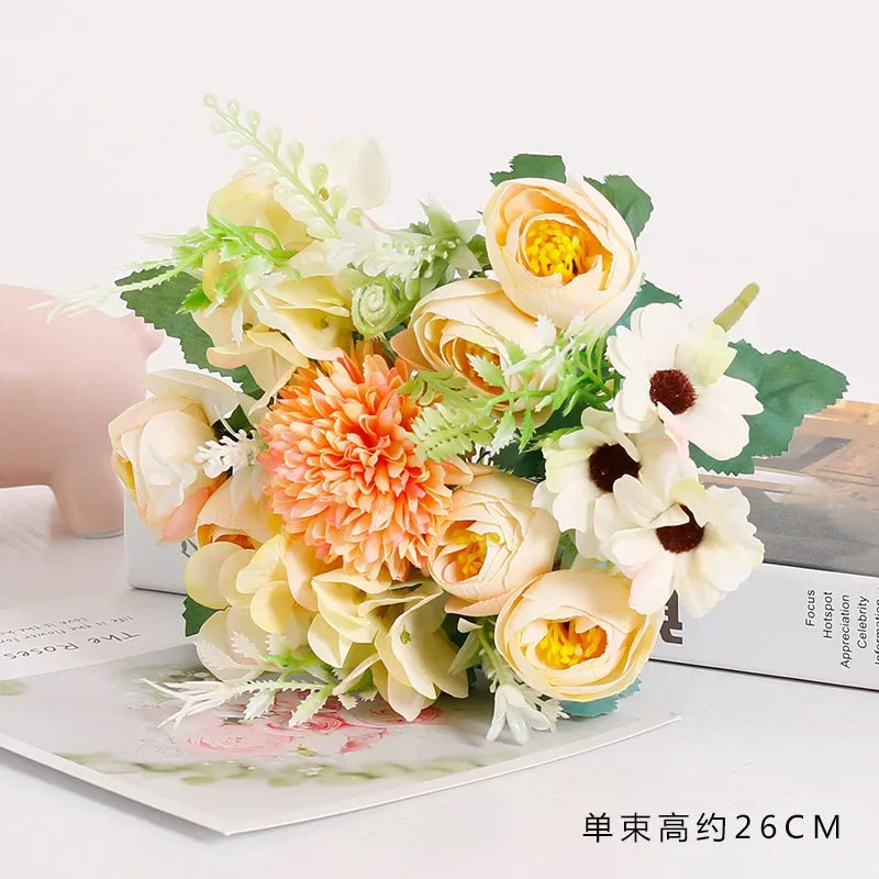 7 Heads Hydrangea Flowers Artificial Bouquet Silk Blooming Fake Peony Bridal Hand Flower Roses Wedding Centerpieces Decor