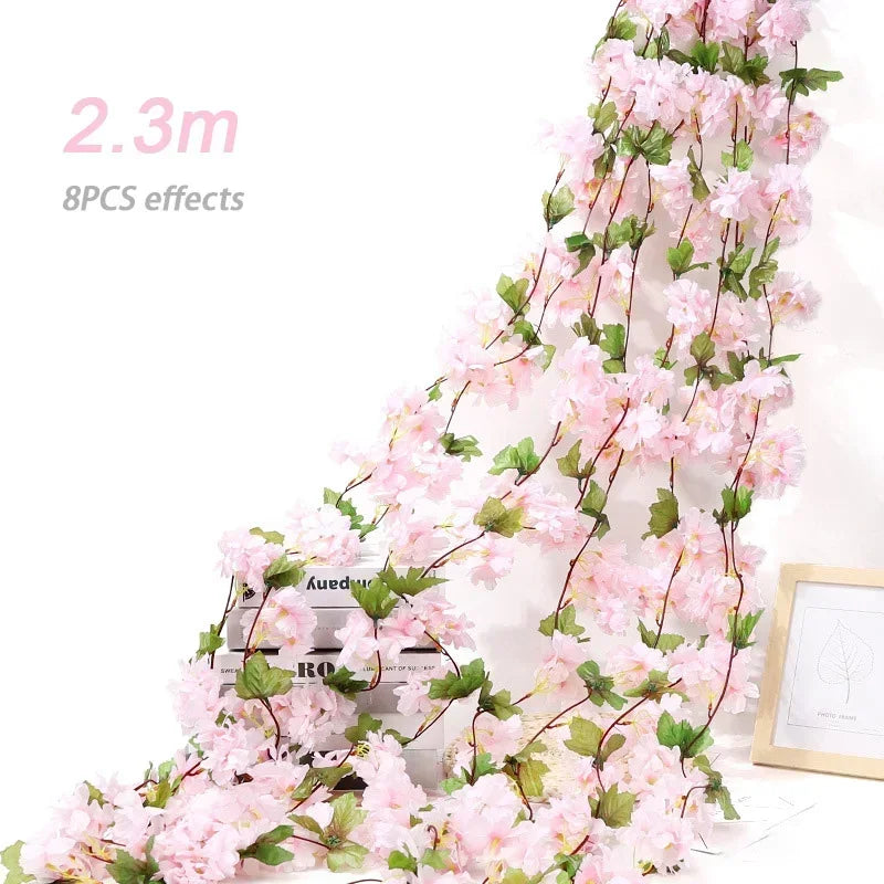 Artificial Flowers Cherry Blossoms Vines Silk Flowers Sakura Rattan Christmas Ornament Hanging Garland Wedding Home Decoration