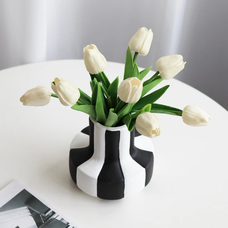 Epeiushome Black And White Striped Ceramic Vase Decorations Coffee Table Dining Table Ornaments Modern Nordic Ins Flower Insert