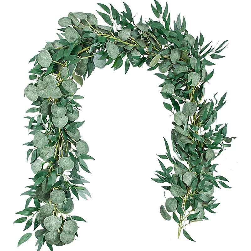 2M Artificial Eucalyptus Rattan Artificial Flower Wreath with Willow Leaves Fake Green Vine Fake Plant Wedding Home Decoration