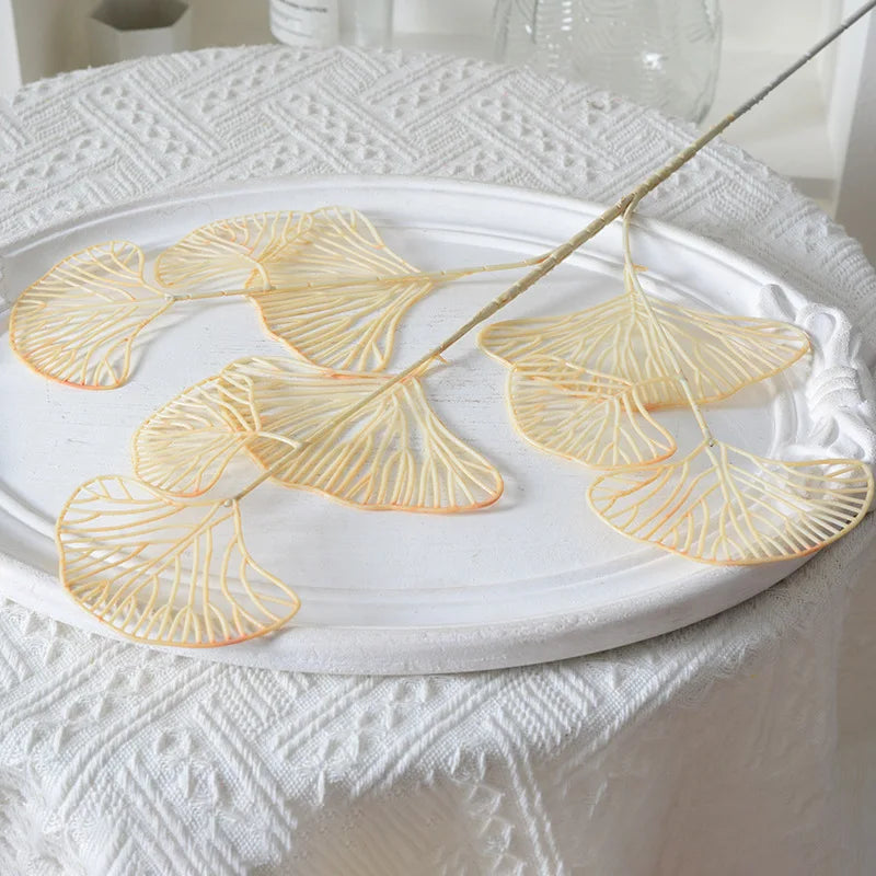 1/2/5pcs Three-pronged Fan Leaf Netting Artificial Gold Ginkgo Eucalyptus Holly For Wedding Arch Flower Arrangement Home Decor