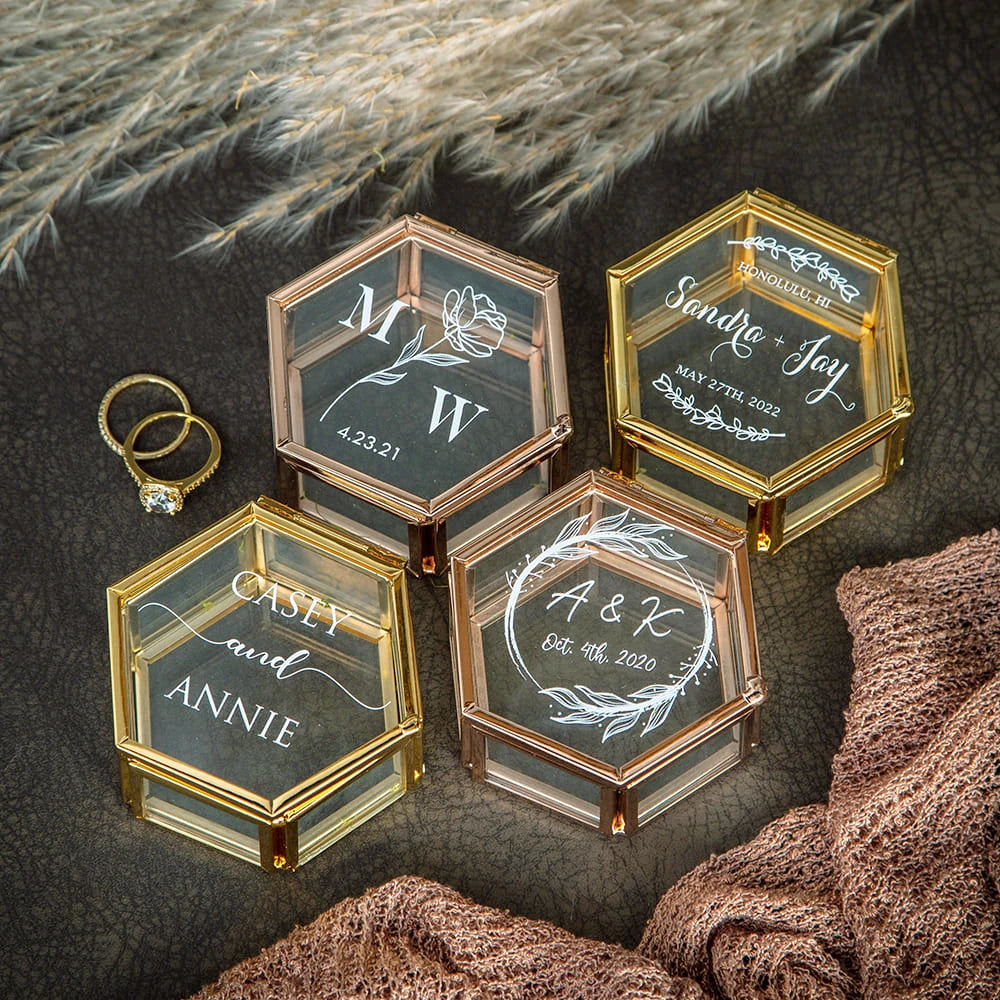 Personalized Hexagon Glass Ring Box with Moss Wedding Gold Ring Bearer Box Modern Geometrical Clear Jewelry Storage Box