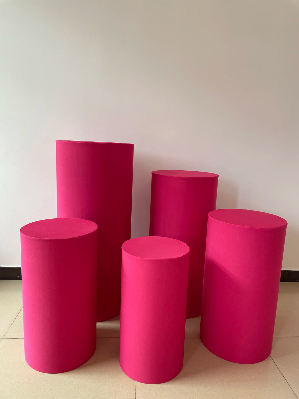 Metallic Gold and Silver Pink Red BLue White Shiny Fabric Stretch Cloth Elastic Pedestal Cylinder Table Covers Party Decoration