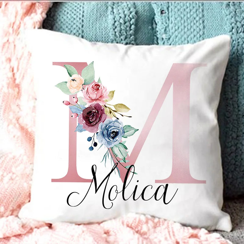 Personalised Pillow Cases Custom Initial Flower with Name Cushion Cover Decortion Pillowcase Housewarming Birthday Wedding Gifts