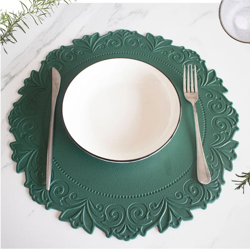 1/6/10PCS Round Kitchen Table Mat European Embossed Waterproof Faux Leather Round Table Placemats for Kitchen Dining Patio 식탁매트