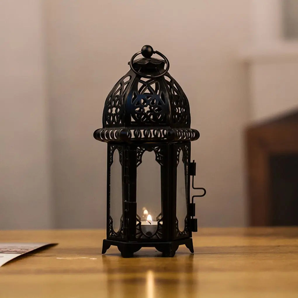 Glass Crystal Moroccan Candlestick Metal Hollow Candle Holder Home Coffee Shop Decoration Iron Hanging Candle Lantern