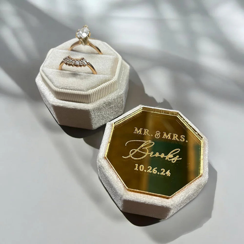 Personalised Acrylic Topper Velvet Ring Box Custom Wedding Octogon Ring Box Engagement Proposal Idea Double Slot Ring Holder