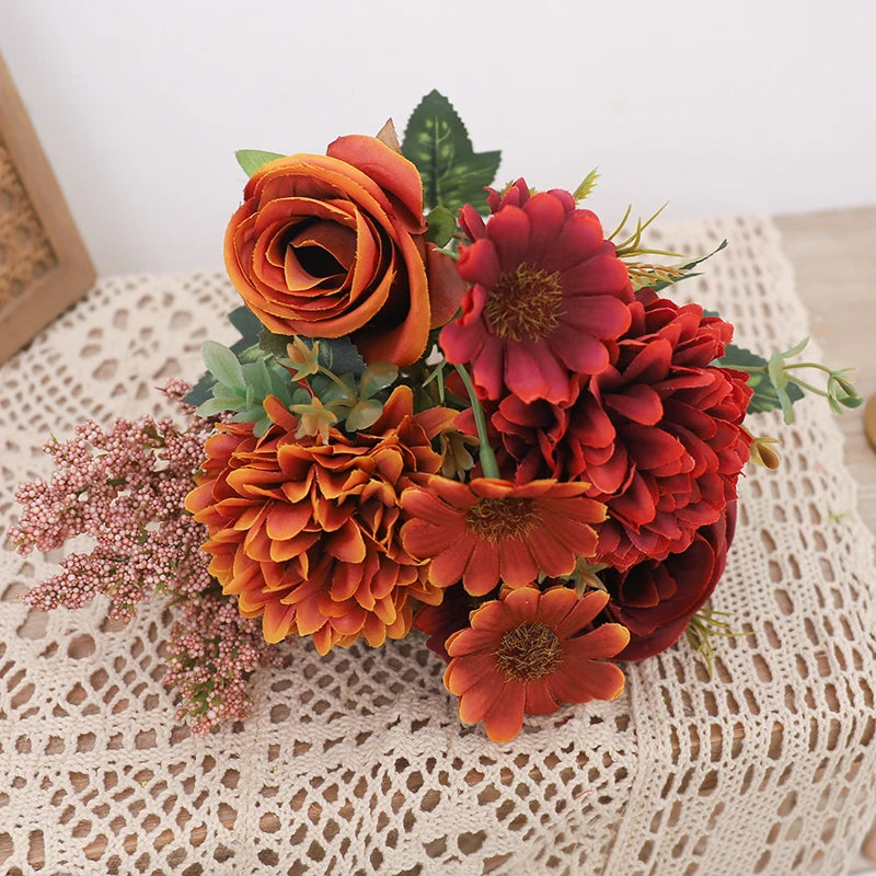 Autumn Artificial Flowers Rose Bride Bouquet Wedding Christmas Living Room Table Decoration For Vase Home DIY Fake Plants