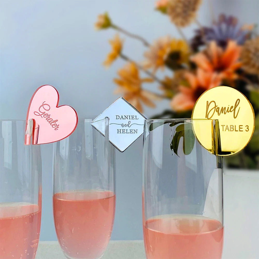 Personalized Acrylic Wedding Name Place Cards Ideas Drink Tag Drink Stirrers Engraved Glass Place Setting Holder Drink Charm