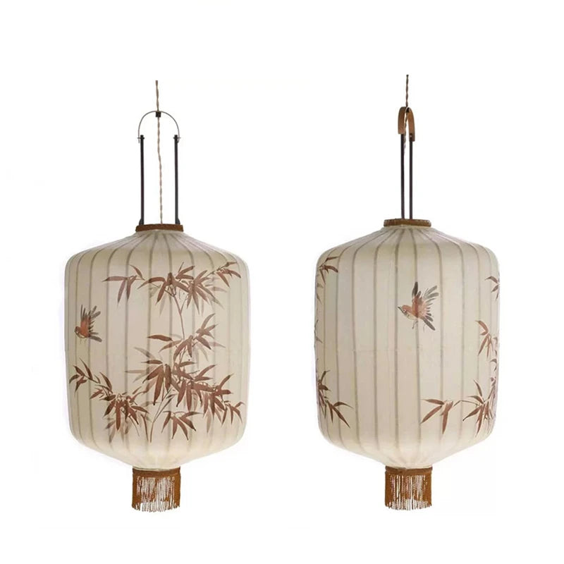 New Chinese Fabric Lantern Lamp For Restaurant Living Room Retro Hotel Homestay Balcony Hand Drawn Pattern Chandelier Free Bulb