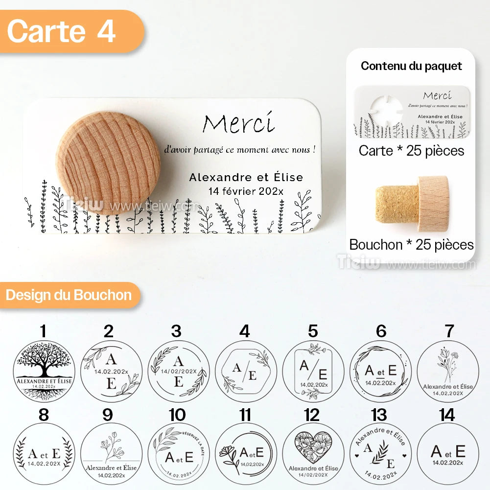 Personalized Cork bottle cap with thank you card for Marriage guests, embaved Wood thank you gifts, personalized Souvenirs for eco-friendly and rustic reception