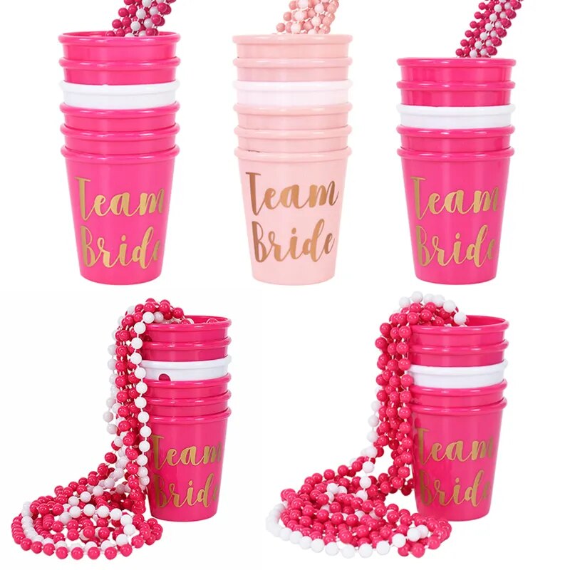 Team Bride To Be Cup Rose Red Plastic Shot Glasses Necklace Drinking Cups for Wedding Bridal Shower Bachelorette Hen Party Decor