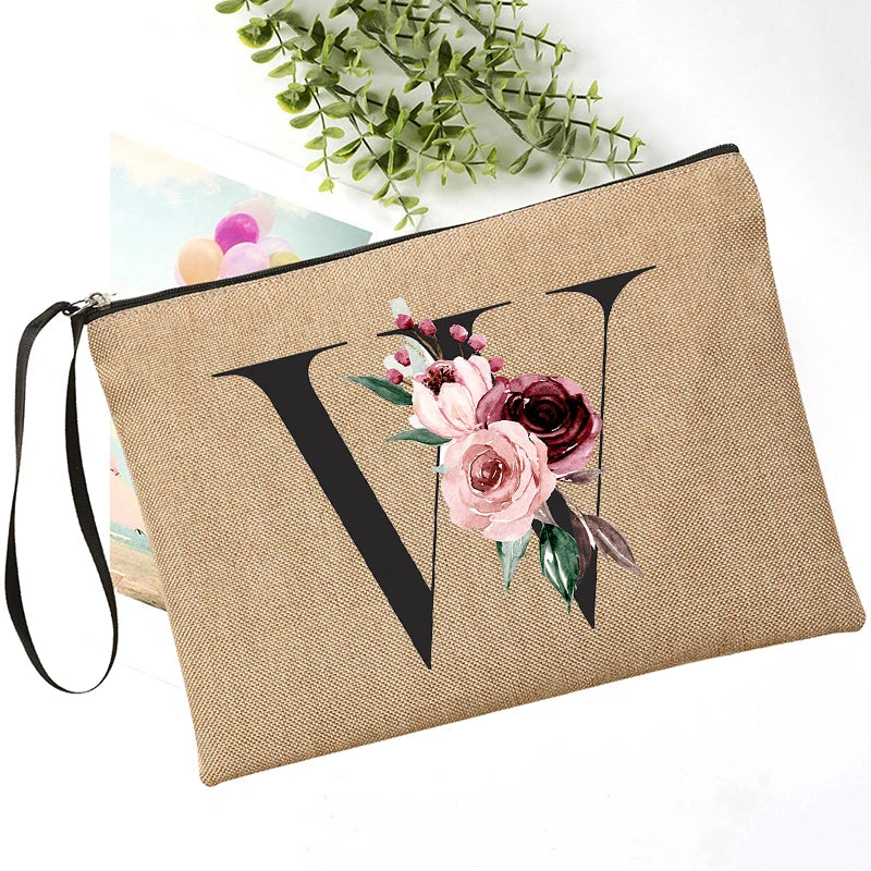 Letter Font Clutch Custom Name Letter Flower Combination Linen Lipstick Bag Travel Organizer Case Simple Wristlet Clutch Bag