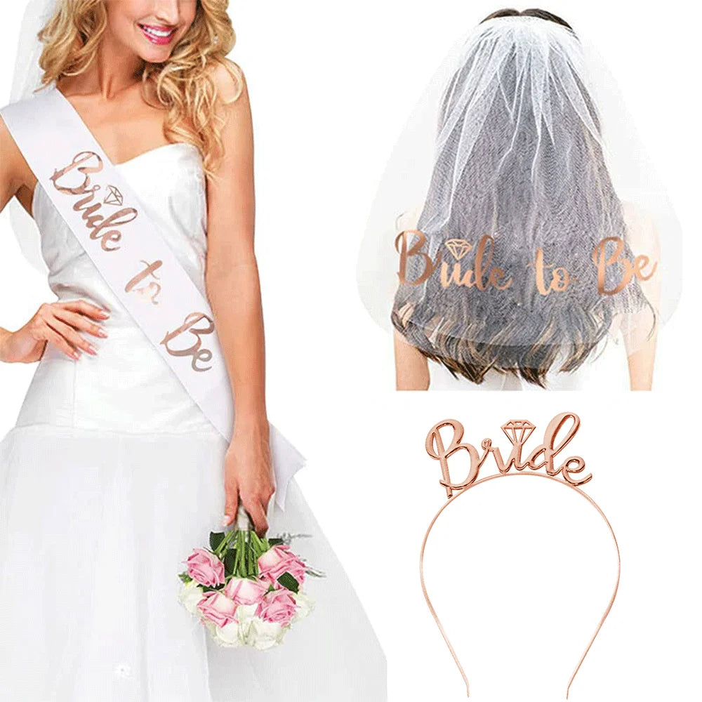 Wedding Party Set Rose Gold Bride to Be Bridal Shower Bridal Straps wedding veil headband hen night bachelorette party supplies
