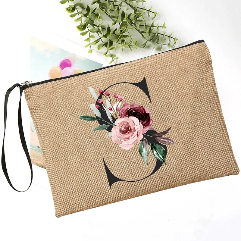 Letter Font Clutch Custom Name Letter Flower Combination Linen Lipstick Bag Travel Organizer Case Simple Wristlet Clutch Bag