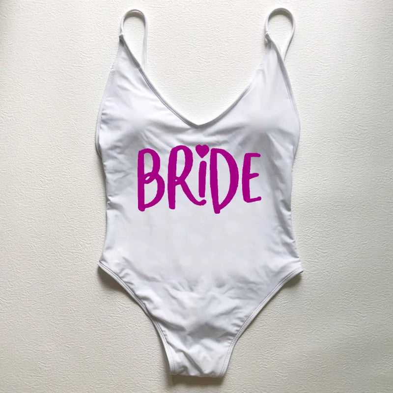 Sexy Padded Swimwear Women Team Bride Love Print One Piece Swimsuit Summer Bathing Suit Bachelor Party Beachwear backless bikini