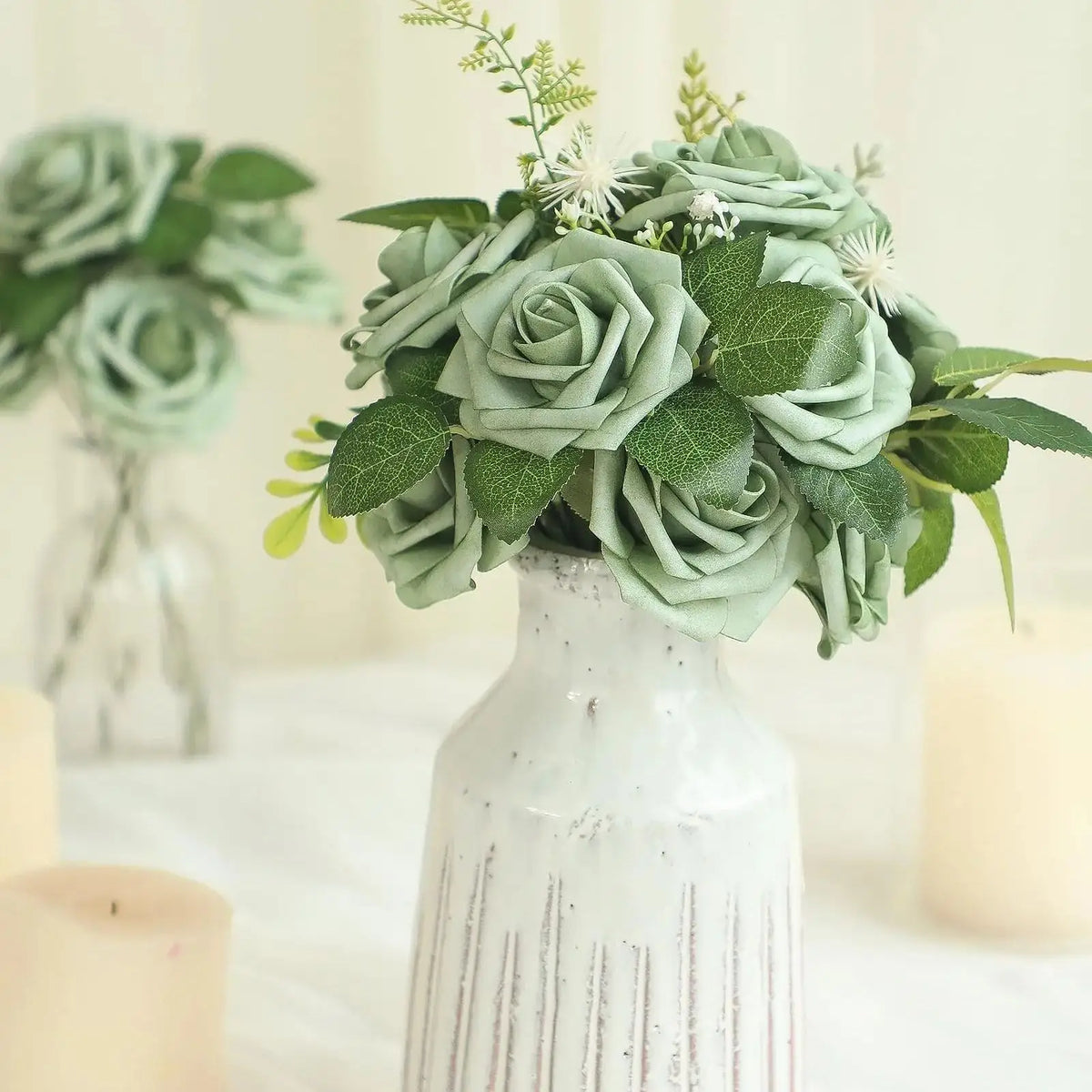 Artificial Flowers 25pcs Real Looking Elf Green Foam Fake Roses with Stems for DIY Wedding Bouquets Bridal Shower Centerpieces S