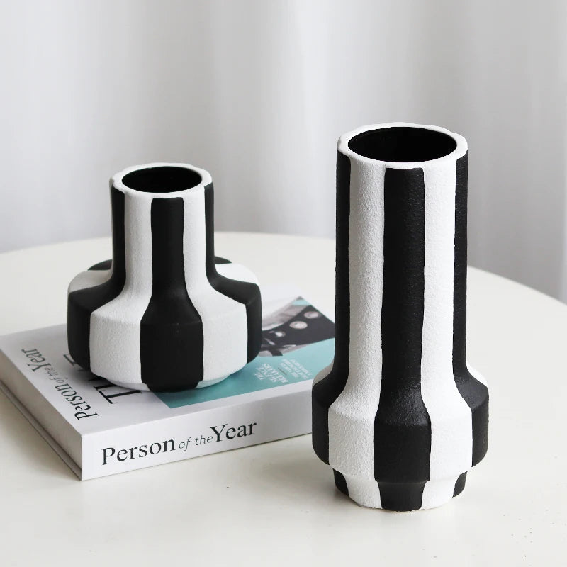 Epeiushome Black And White Striped Ceramic Vase Decorations Coffee Table Dining Table Ornaments Modern Nordic Ins Flower Insert
