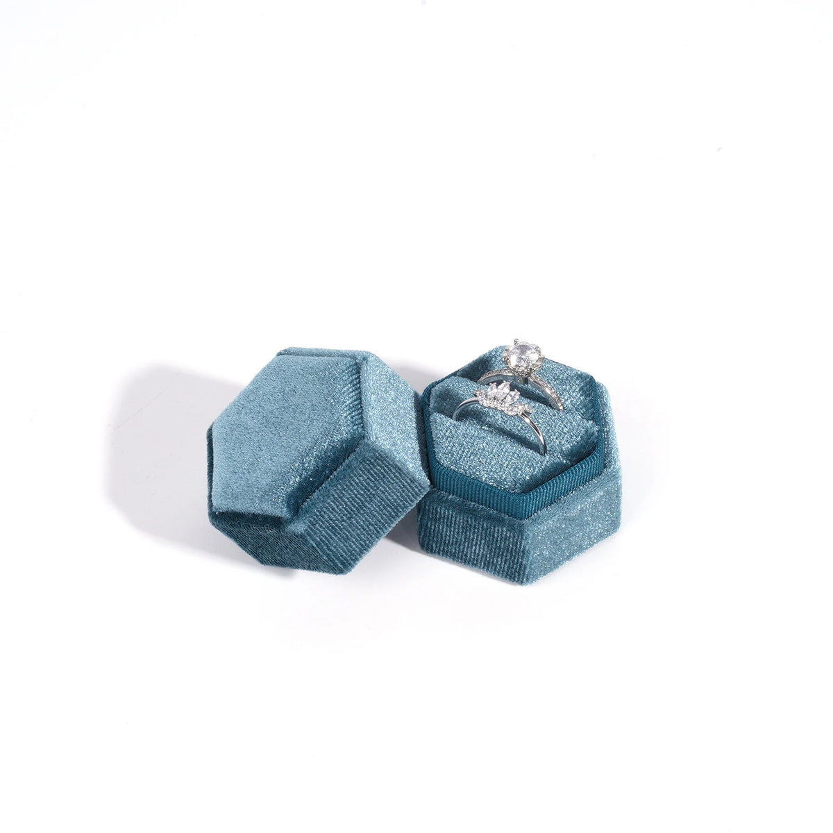 Vintage Hexagon Velvet Jewelry Double Ring Box Empty Case Holder for Engagement Wedding Ceremony Valentines Day Gift Organizer