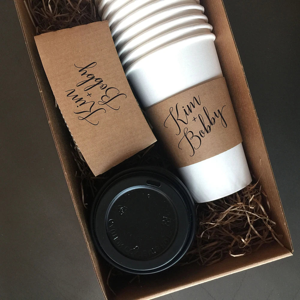 Personalized Disposable Ice Coffee Cup Sleeves Wedding Party Heat-Insulated Cup Holder Bar Reception Corrugated Paper Cup Cover
