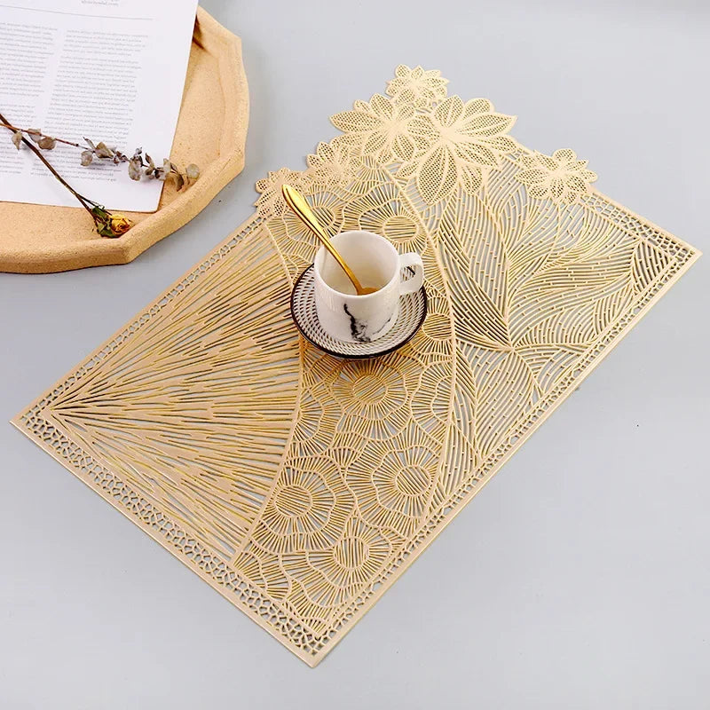 6/4Pcs Leaf shape Placemats PVC Hollow Irregular Line Placemat Dining Table Decoration Pad Dinner Cutout Hangable Gold Tablemat
