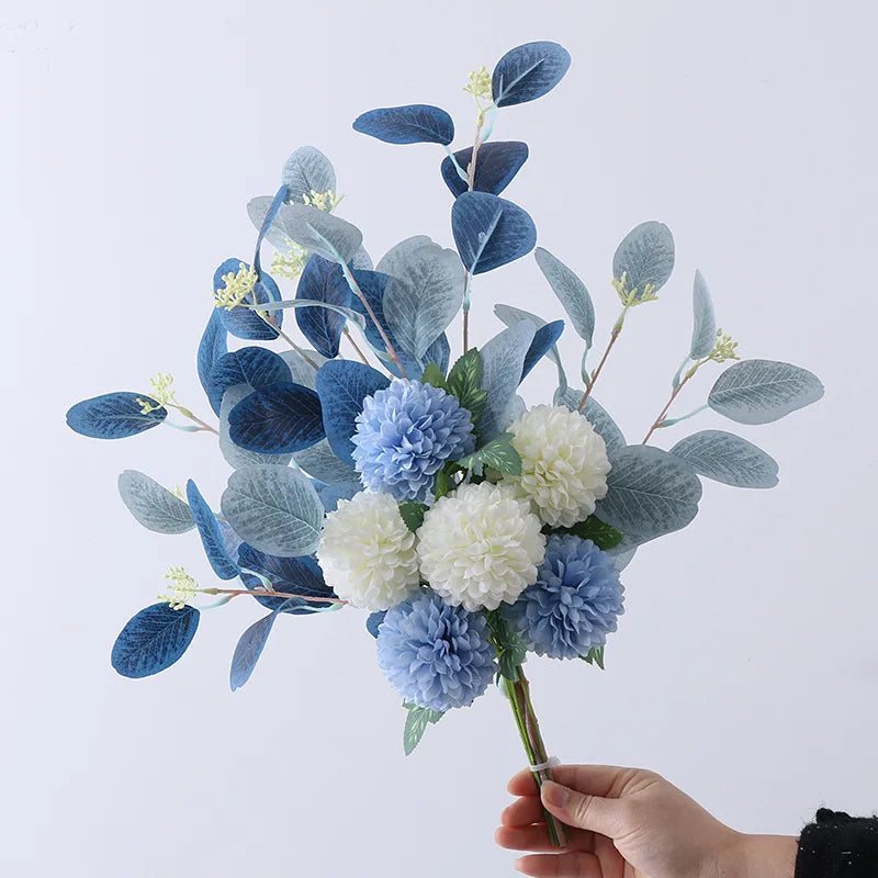White Fake Flowers Blue Bouquet Hydrangea Artificial Flowers Chrysanthemum Silk Flowers Artificial for Decoration Flower