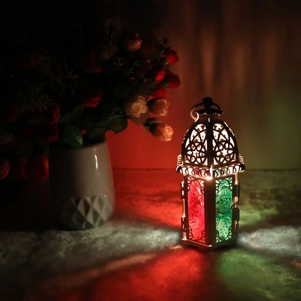 Glass Crystal Moroccan Candlestick Metal Hollow Candle Holder Home Coffee Shop Decoration Iron Hanging Candle Lantern