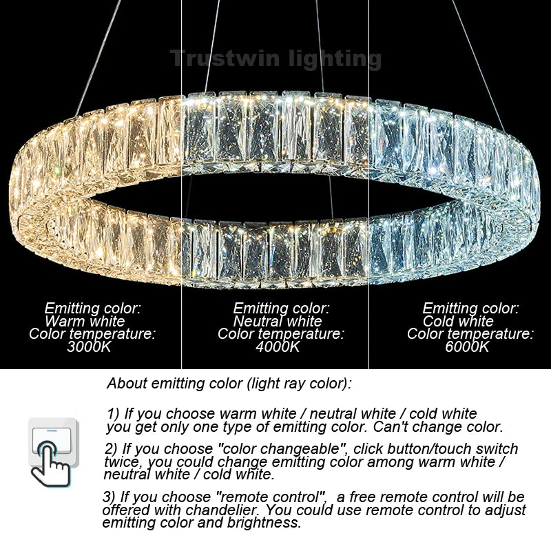 Round Crystal Chandelier Light LED Indoor Modern 40 60 80 100CM Circular Ring Hanging Lamp for Living Dinning Room Bedroom
