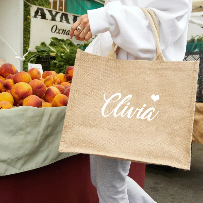 Personalized Beach Jute Tote Bag Reusable Shopping Storage Handbag Burlap Bag Custom Wedding Party Decoration Bridesmaid Gifts