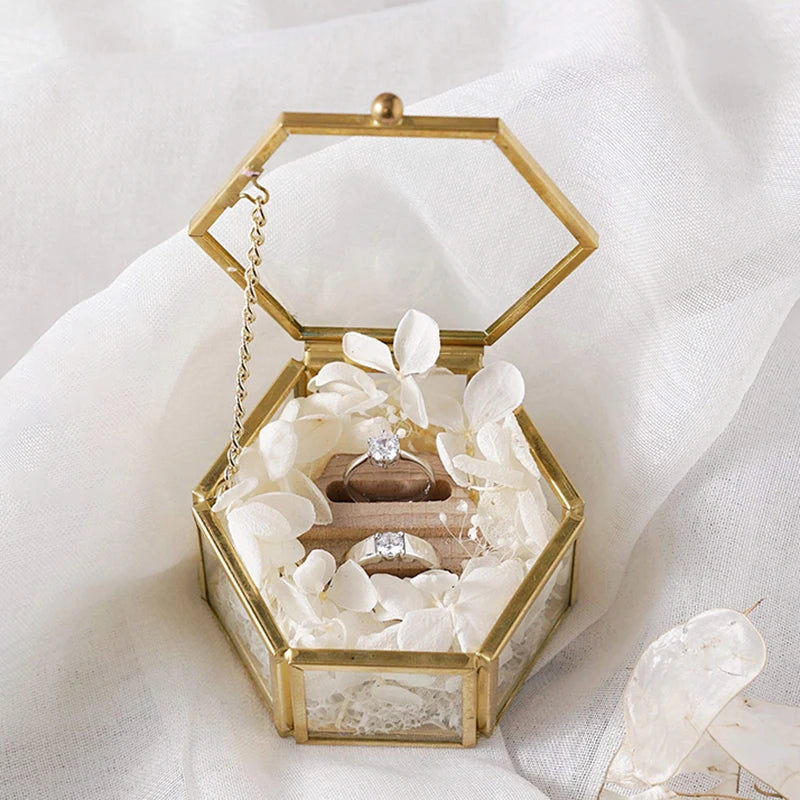 Custom Hexagonal Glass Ring Box Wedding Engagement Valentines Decoration Mr and Mrs Ring Bearer Storage Box for Ceremony