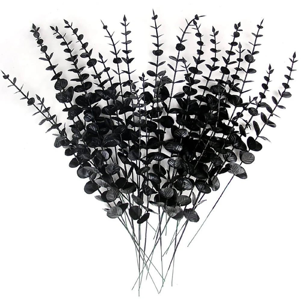 10 Pcs Black Artificial Eucalyptus Stems 14.96in Faux Halloween Thanksgiving Flowers Eucalyptus Leaf Centerpiece Home Decoration