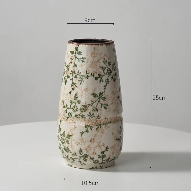 New Ceramic Vase Pastoral Style Green Flowers Ice Cracked Ceramic Vase Home Decoration Living Room Porch Hydroponic Plant Vase