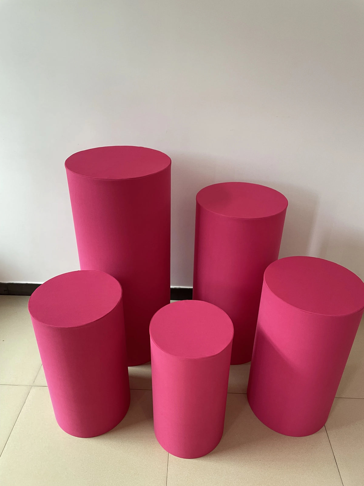 Metallic Gold and Silver Pink Red BLue White Shiny Fabric Stretch Cloth Elastic Pedestal Cylinder Table Covers Party Decoration