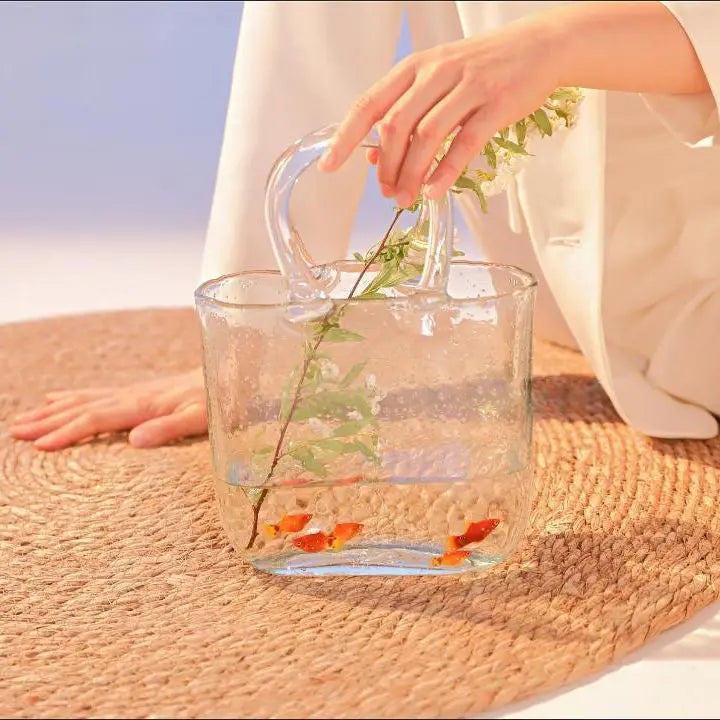 Clear Glass Vase Fish Tank Tote Bag Flower Handbag Bag Vase Desktop Centerpiece for School Office Bedroom Decoration
