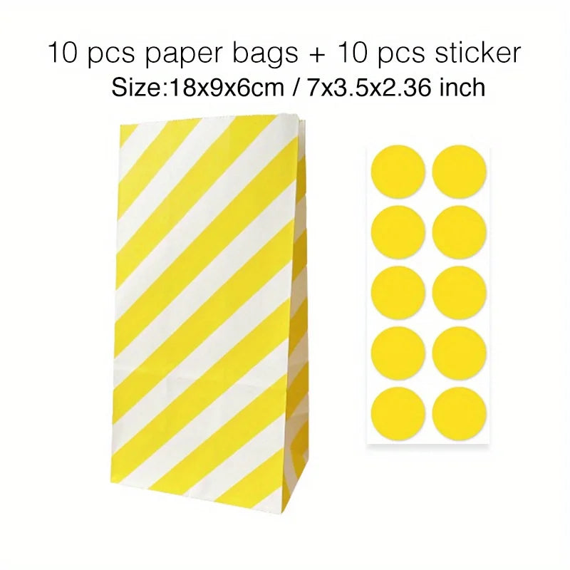 10 pcs Colorful Solid Stripe and Polka Dot Stand-Up Bags with Stickers - 18x9x6cm Favor Gift Packing Treat Bags for Wedding