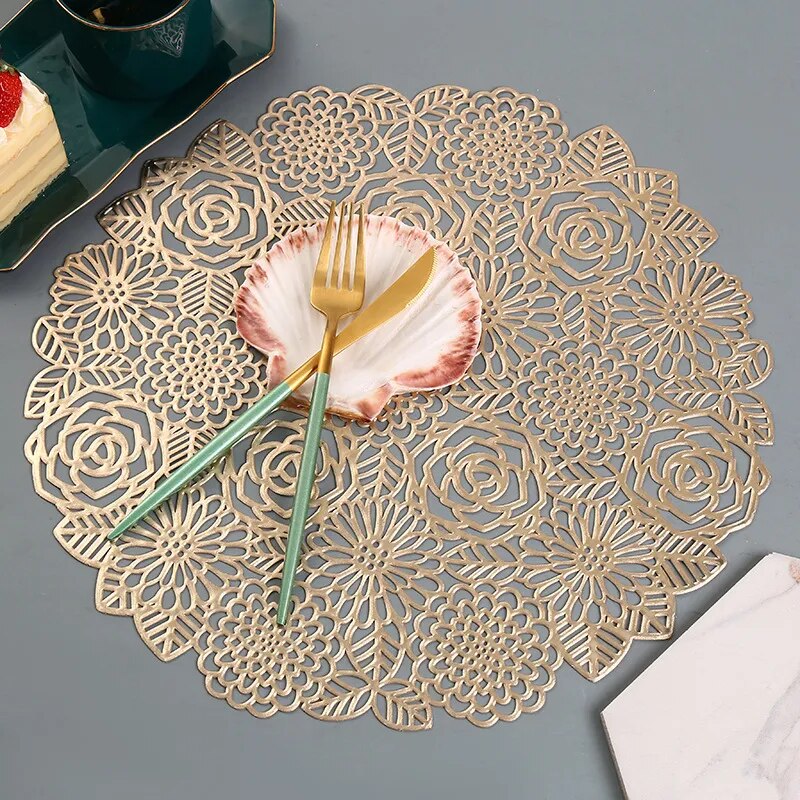 Table Mat Hibiscus Flower Bronzing PVC Placemat Hollow Insulation Coaster Pads Table Bowl Home Christmas Decor Heat Resistant