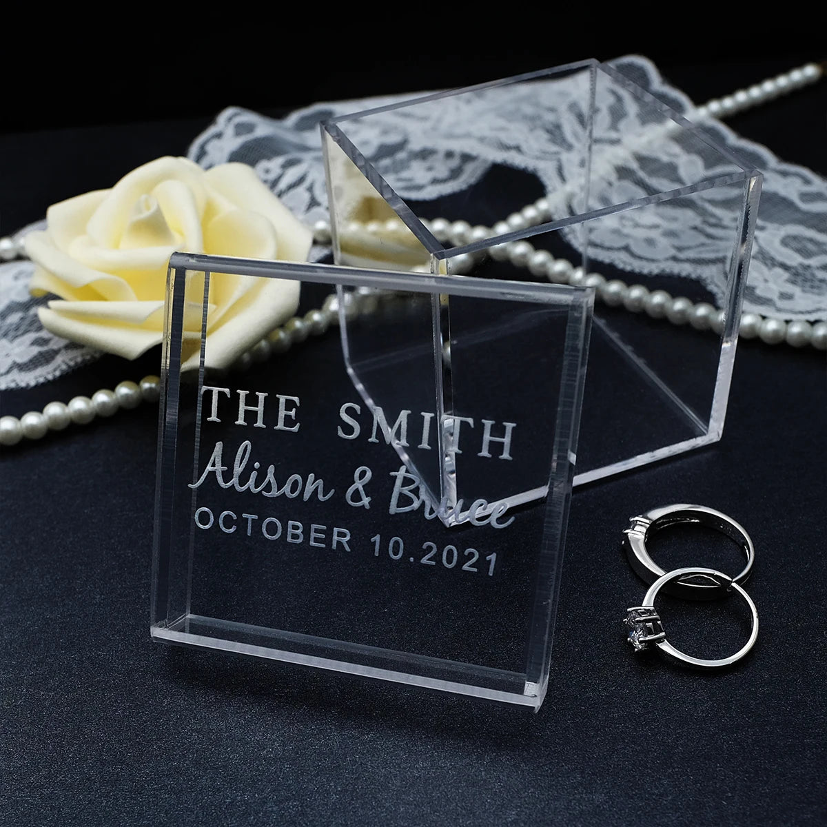 Personalized Clear Acrylic Ring Box, Custom Wedding Rings Box, Engraved Names, Ring Holder, Wedding Ring Bearer